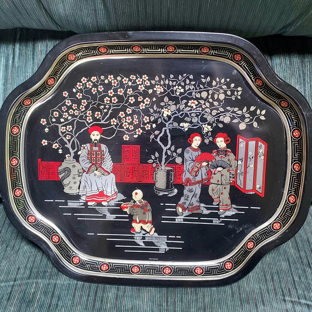 Vintage MCM Asian-Inspired Decorative Metal Tray 16.5 x 13.5 Elite Trays